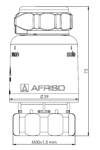 79014 Термоэлектрический привод TSA-02 FO, ВР m³0x1,5 мм, 230 В AC, НЗ, функция ручного управления - Размеры AFRISO 1