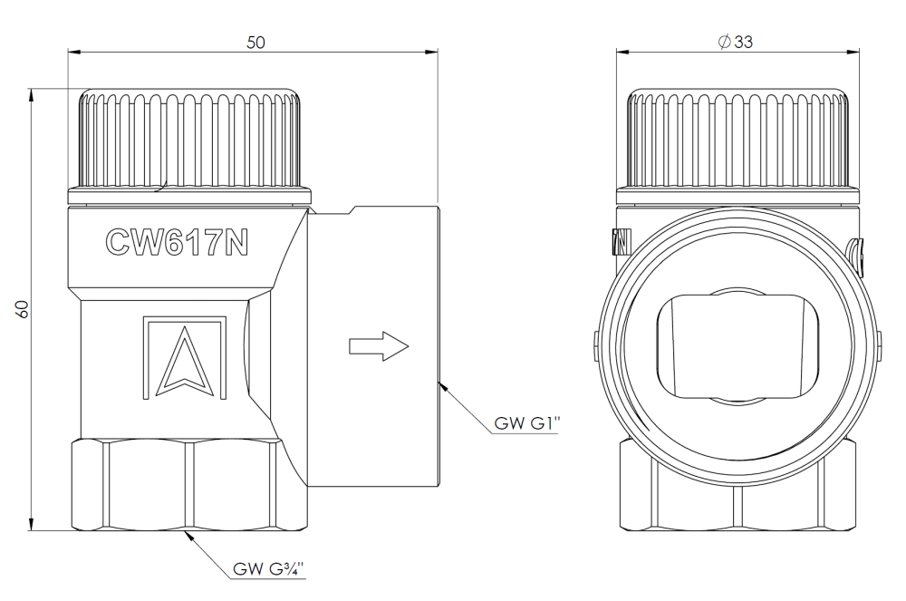 42386 Предохранительный клапан для центрального отопления MS, 2,5 бар, ВР3/4" x ВР1" - Размеры AFRISO 1