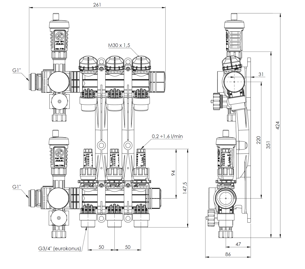 81363 ProCalida EF1 на 3 контура отопления, ротаметры 0,2÷1,6 л/мин - Размеры AFRISO 1