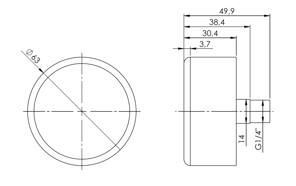 63537 Манометр RF 63, fi63 мм, 0÷4 бар, НР1/4", ax, кл. 2,5 - Размеры AFRISO 1