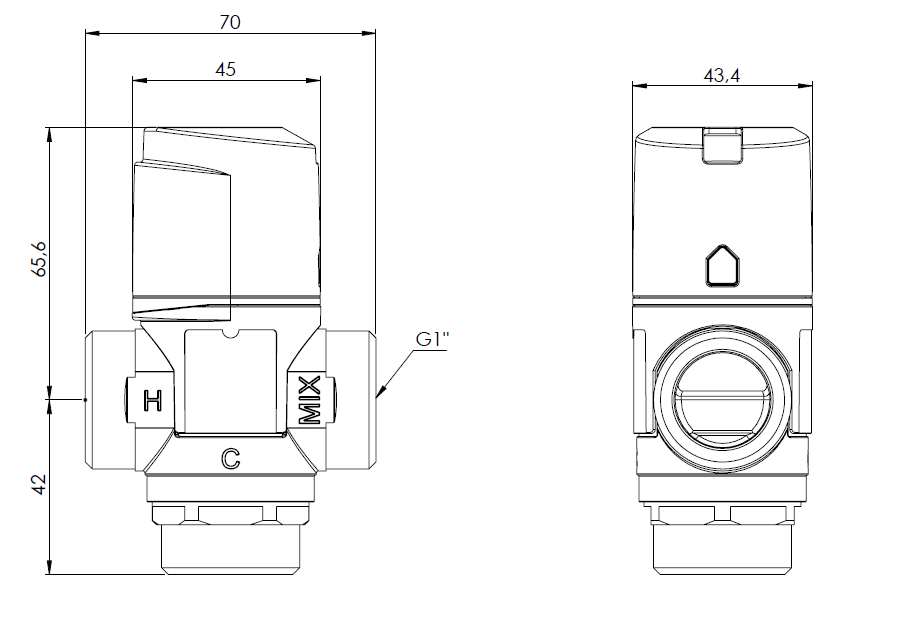 1256110 Термостатический смесительный клапан ATM 561, DN20, НРП1", 20÷43°C, Kvs 2,5 м³/ч - Размеры AFRISO 1