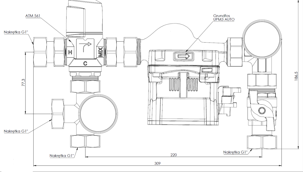 9050110 Насосно-смесительный узел BTU 501 для теплого пола с клапаном ATM, насос Grundfos UPm³ Auto - Размеры AFRISO 1