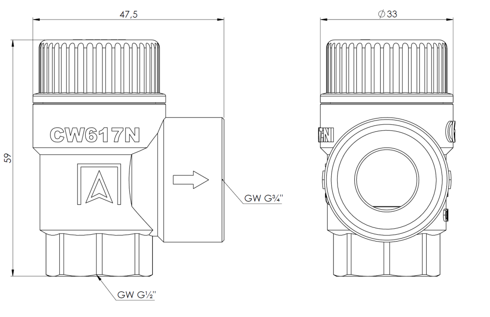 42330 Предохранительный клапан для солнечных систем MSS, 6 бар, ВР1/2" x ВР3/4" - Размеры AFRISO 1