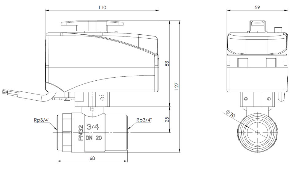 9021200 2-ходовой шаровой кран с приводом BEV, DN20, ВР3/4", Kvs 45 м³/ч, 230 В AC, НЗ - Размеры AFRISO 1