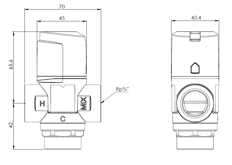 1233110 Термостатический смесительный клапан ATM 331, DN20, ВР3/4", 20÷43°C, Kvs 1,6 м³/ч - Размеры AFRISO 1