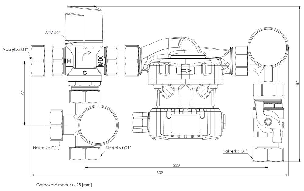 9050120 Насосно-смесительный узел BTU 501 AP для теплого пола с клапаном ATM 561, насос AFRISO APH 160 - Размеры AFRISO 1