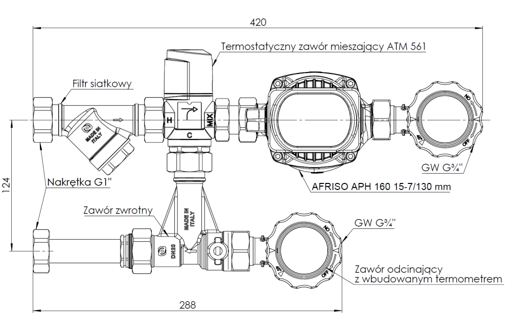 9099120 Насосная группа BPS 991 AP с термостатическим клапаном ATM 561, насос AFRISO APH 15-7/130 - Размеры AFRISO 1