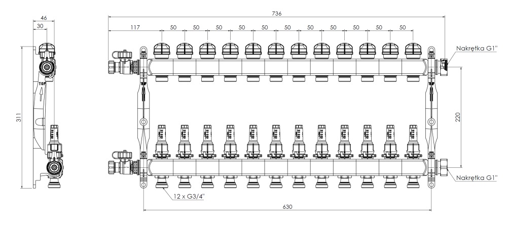 86412 ProCalida VA 1C из нержавеющей стали, 12 контуров, гайки ВРП1'', 0,5 - 4,0 л/мин - Размеры AFRISO 1
