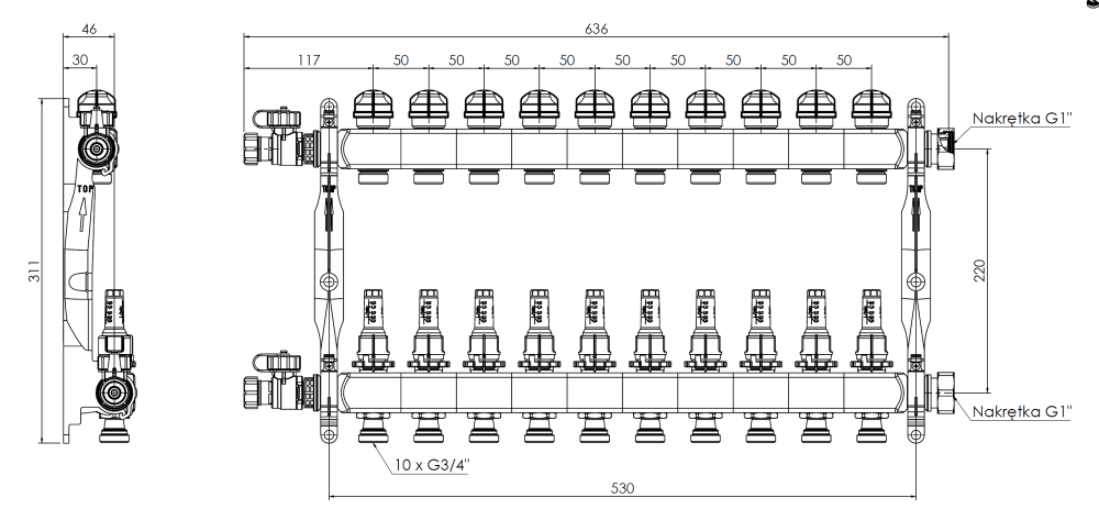 86410 ProCalida VA 1C из нержавеющей стали, 10 контуров, гайки ВРП1'', 0,5 - 4,0 л/мин - Размеры AFRISO 1