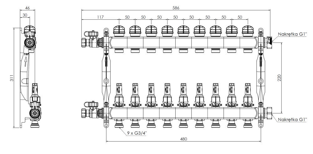 86409 ProCalida VA 1C из нержавеющей стали, 9 контуров, гайки ВРП1'', 0,5 - 4,0 л/мин - Размеры AFRISO 1