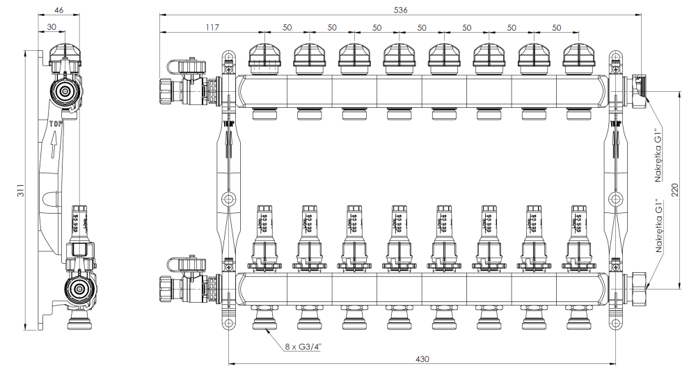 86408 ProCalida VA 1C из нержавеющей стали, 8 контуров, гайки ВРП1'', 0,5 - 4,0 л/мин - Размеры AFRISO 1