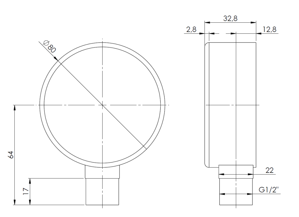 63562 Манометр RF 80, fi80 мм, 0÷4 бар, НР1/2", rad, кл. 2,5 - Размеры AFRISO 1