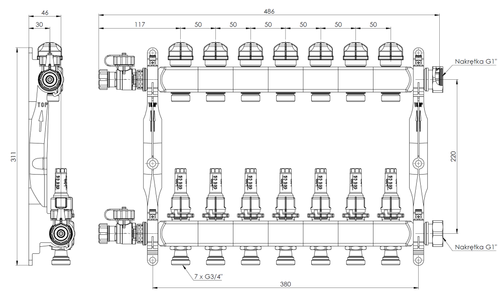 86407 ProCalida VA 1C из нержавеющей стали, 7 контуров, гайки ВРП1'', 0,5 - 4,0 л/мин - Размеры AFRISO 1