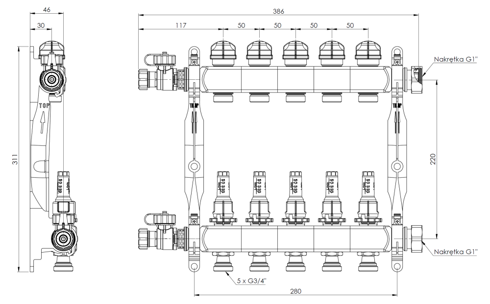 86405 ProCalida VA 1C из нержавеющей стали, 5 контуров, гайки ВРП1'', 0,5 - 4,0 л/мин - Размеры AFRISO 1