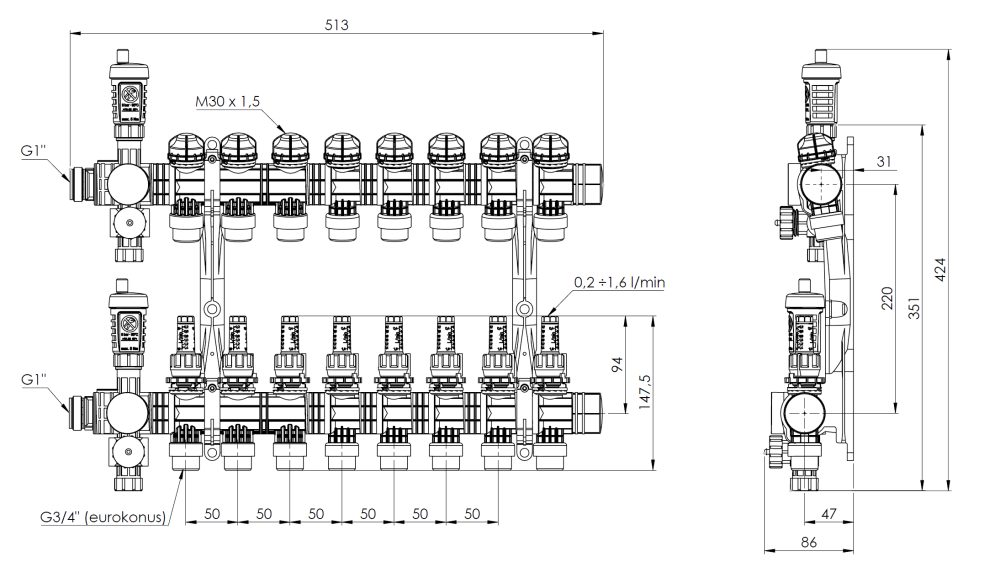 81368 ProCalida EF1 на 8 контуров отопления, ротаметры 0,2÷1,6 л/мин - Размеры AFRISO 1
