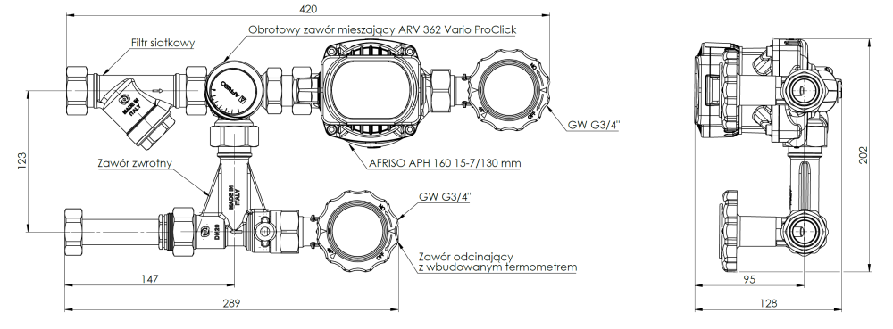 9099620 Насосная группа BPS 996 AP, с поворотным смесительным клапаном ARV 362 Vario ProClick, насос AFRISO APH 15-7/130 - Размеры AFRISO 1