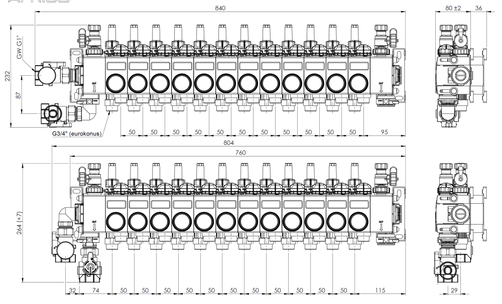 81492 ProCalida CC на 12 контуров отопления, ротаметры 0,75÷3,75 л/мин - Размеры AFRISO 1