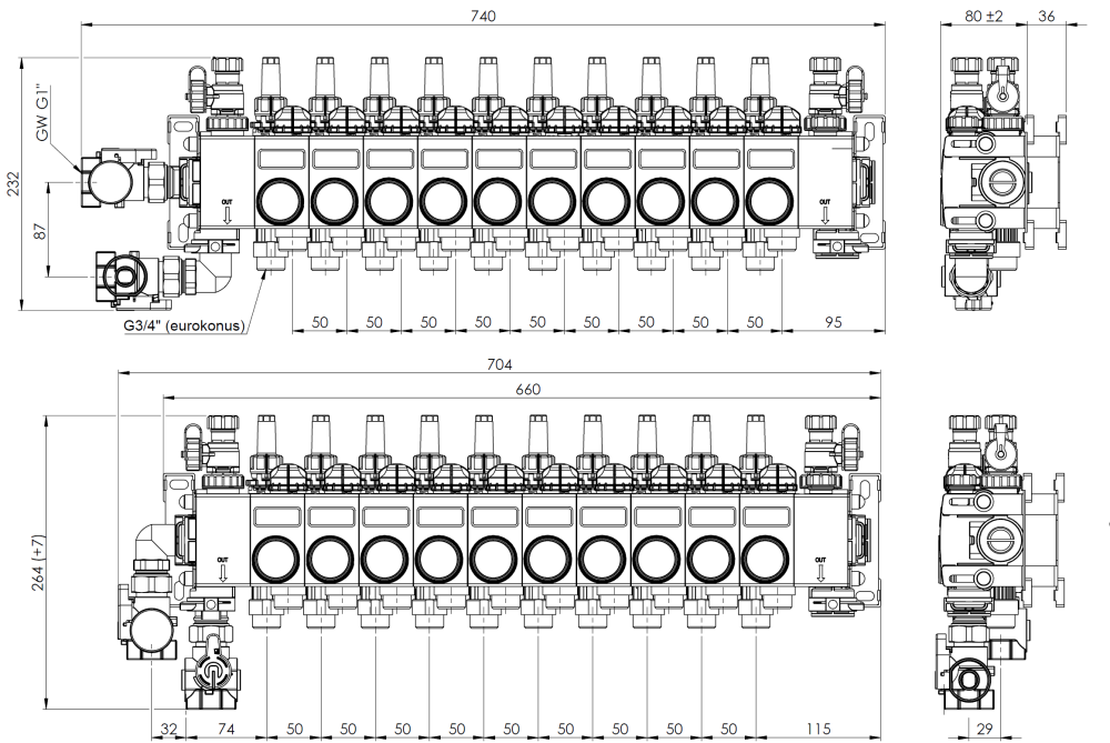 81490 ProCalida CC на 10 контуров отопления, ротаметры 0,75÷3,75 л/мин - Размеры AFRISO 1