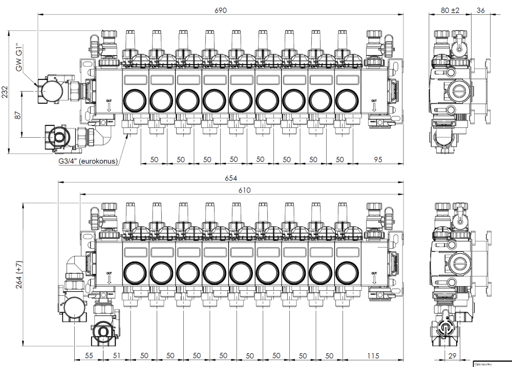 81489 ProCalida CC на 9 контуров отопления, ротаметры 0,75÷3,75 л/мин - Размеры AFRISO 1