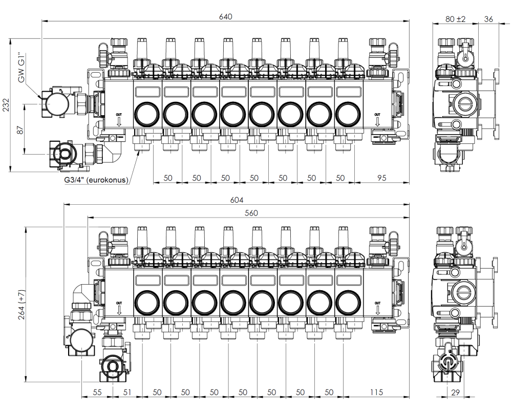 81488 ProCalida CC на 8 контуров отопления, ротаметры 0,75÷3,75 л/мин - Размеры AFRISO 1