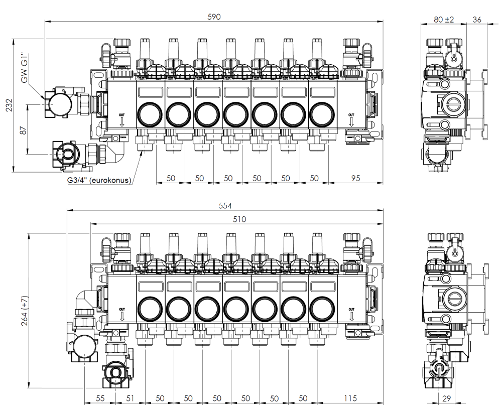 81487 ProCalida CC на 7 контуров отопления, ротаметры 0,75÷3,75 л/мин - Размеры AFRISO 1