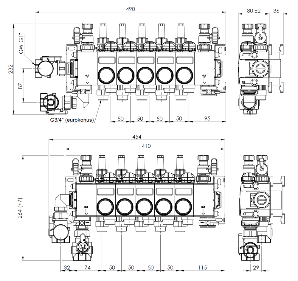 81485 ProCalida CC на 5 контуров отопления, ротаметры 0,75÷3,75 л/мин - Размеры AFRISO 1