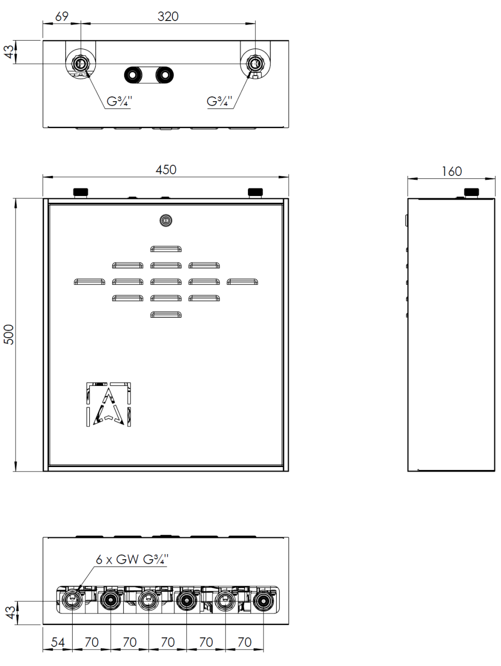 7630100 PrimoBox AZB 301 с гидрострелкой, 2 контура без смешивания и 1 контур с термостатическим клапаном ATM - Размеры AFRISO 1