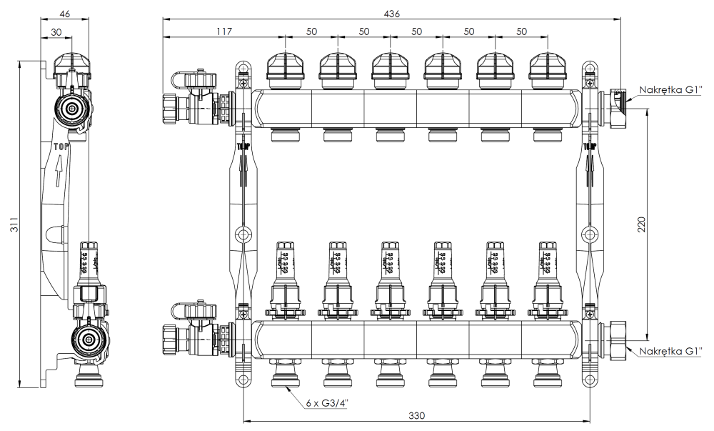 86406 ProCalida VA 1C из нержавеющей стали, 6 контуров, гайки ВРП1'', 0,5 - 4,0 л/мин - Размеры AFRISO 1