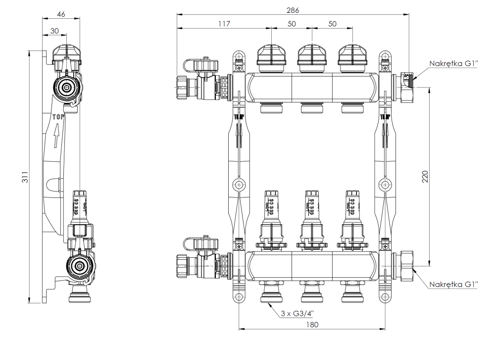 86403 ProCalida VA 1C из нержавеющей стали, 3 контура, гайки ВРП1'', 0,5 - 4,0 л/мин - Размеры AFRISO 1