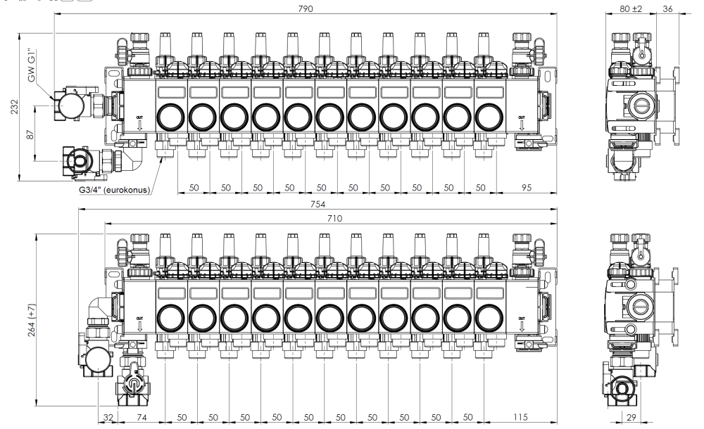 81491 ProCalida CC на 11 контуров отопления, ротаметры 0,75÷3,75 л/мин - Размеры AFRISO 1