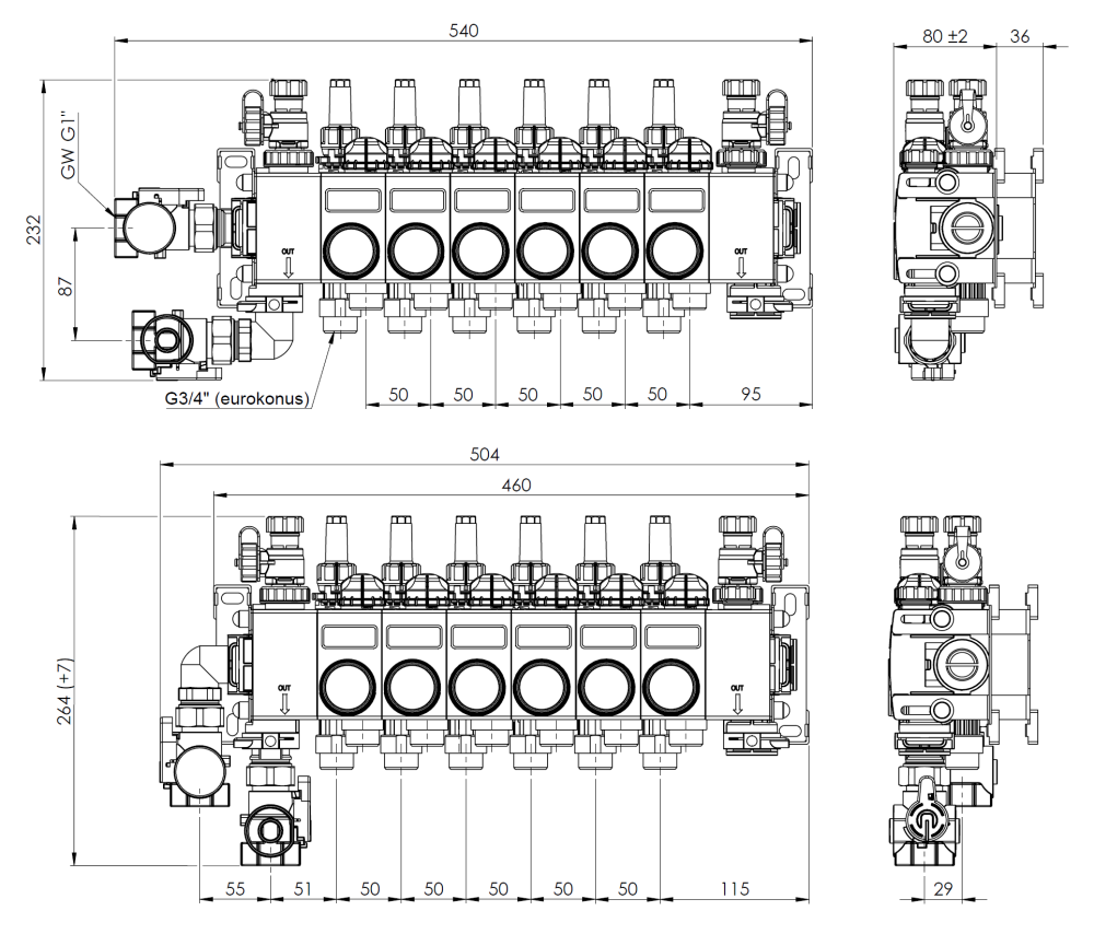 81486 ProCalida CC на 6 контуров отопления, ротаметры 0,75÷3,75 л/мин - Размеры AFRISO 1