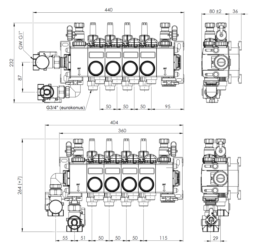 81484 ProCalida CC на 4 контура отопления, ротаметры 0,75÷3,75 л/мин - Размеры AFRISO 1