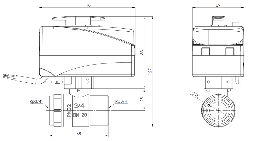9022210 2-ходовой шаровой кран с приводом BEV, DN20, ВР3/4", Kvs 45 м³/ч, 24 В AC, НО - Размеры AFRISO 1