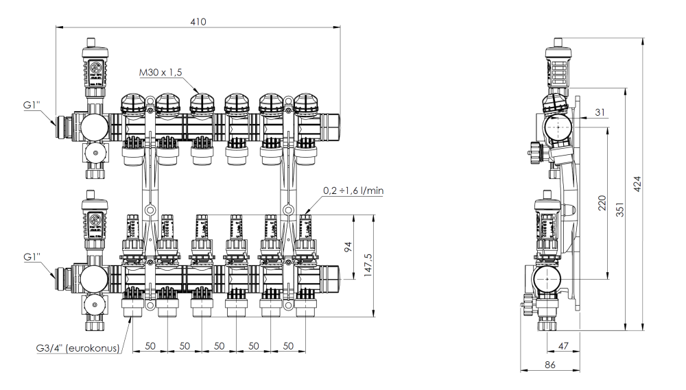 81366 ProCalida EF1 на 6 контуров отопления, ротаметры 0,2÷1,6 л/мин - Размеры AFRISO 1