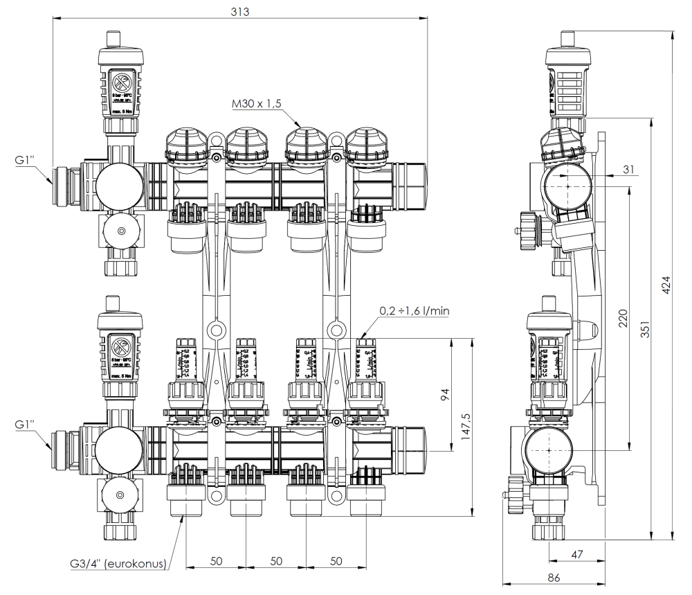 81364 ProCalida EF1 на 4 контура отопления, ротаметры 0,2÷1,6 л/мин - Размеры AFRISO 1