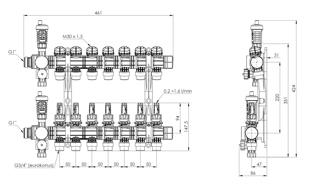 81367 ProCalida EF1 на 7 контуров отопления, ротаметры 0,2÷1,6 л/мин - Размеры AFRISO 1