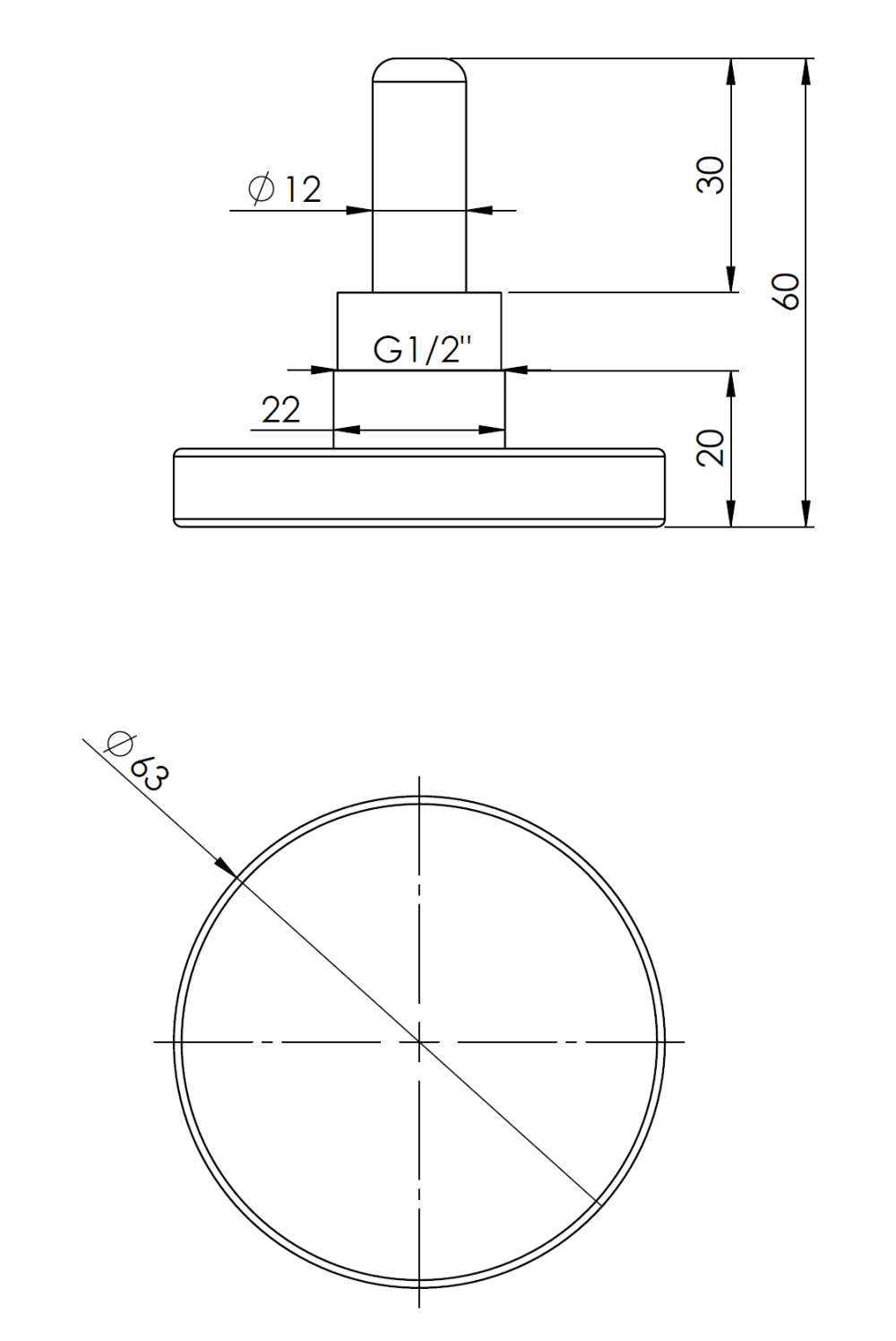 63801 Термометр биметаллический BiTh 63, fi63 мм, 0÷120°C, L 40 мм, НР1/2", ax, кл. 2 - Размеры AFRISO 1