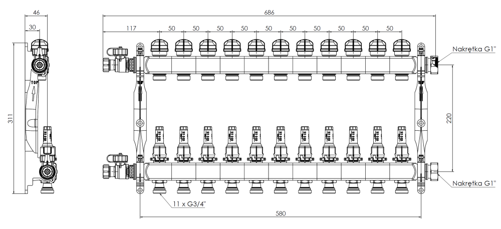 86411 ProCalida VA 1C из нержавеющей стали, 11 контуров, гайки ВРП1'', 0,5 - 4,0 л/мин - Размеры AFRISO 1