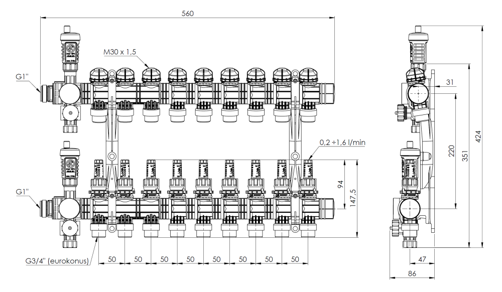 81369 ProCalida EF1 на 9 контуров отопления, ротаметры 0,2÷1,6 л/мин - Размеры AFRISO 1