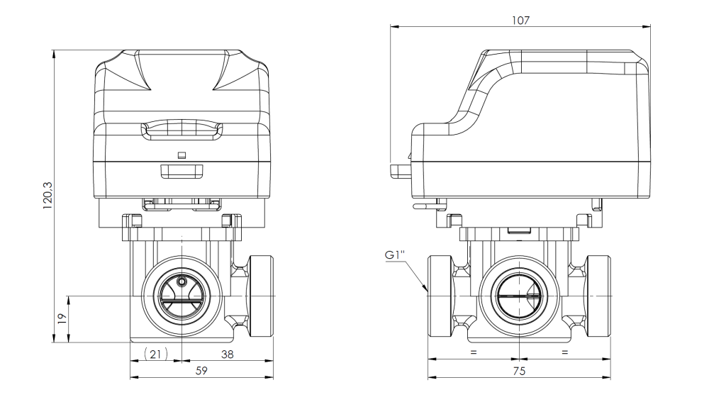 1664710 3-ходовой зональный клапан AZV 647, DN20, НРП1" угловой, Kvs 5,5 - Размеры AFRISO 1