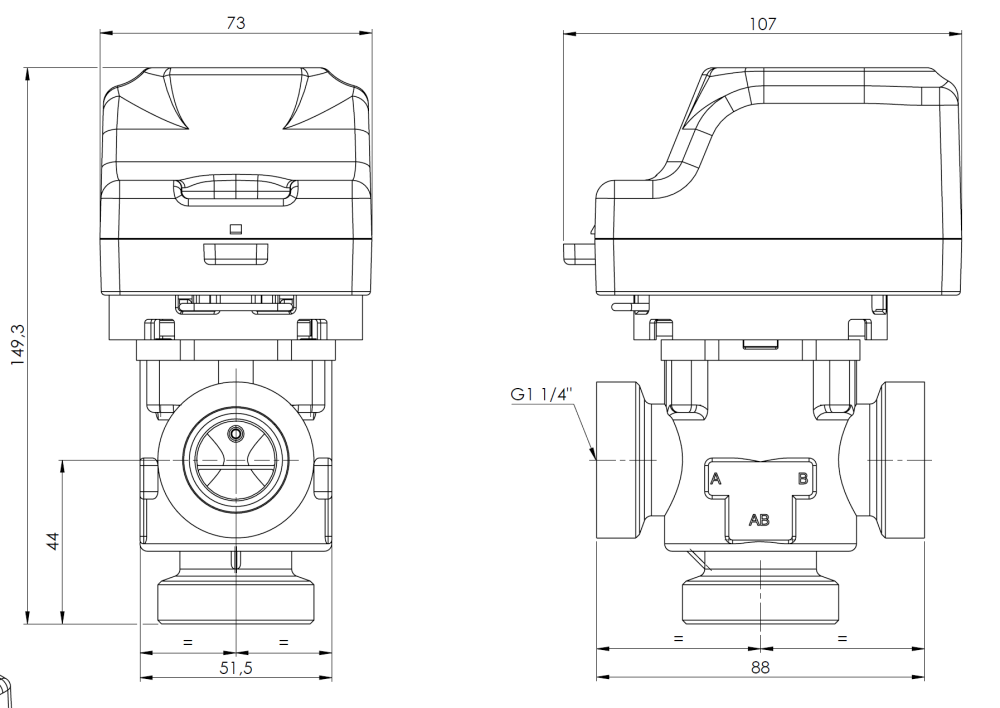 1684410 3-ходовой зональный клапан AZV 844, DN25, НРП1 1/4", Kvs 11 - Размеры AFRISO 1