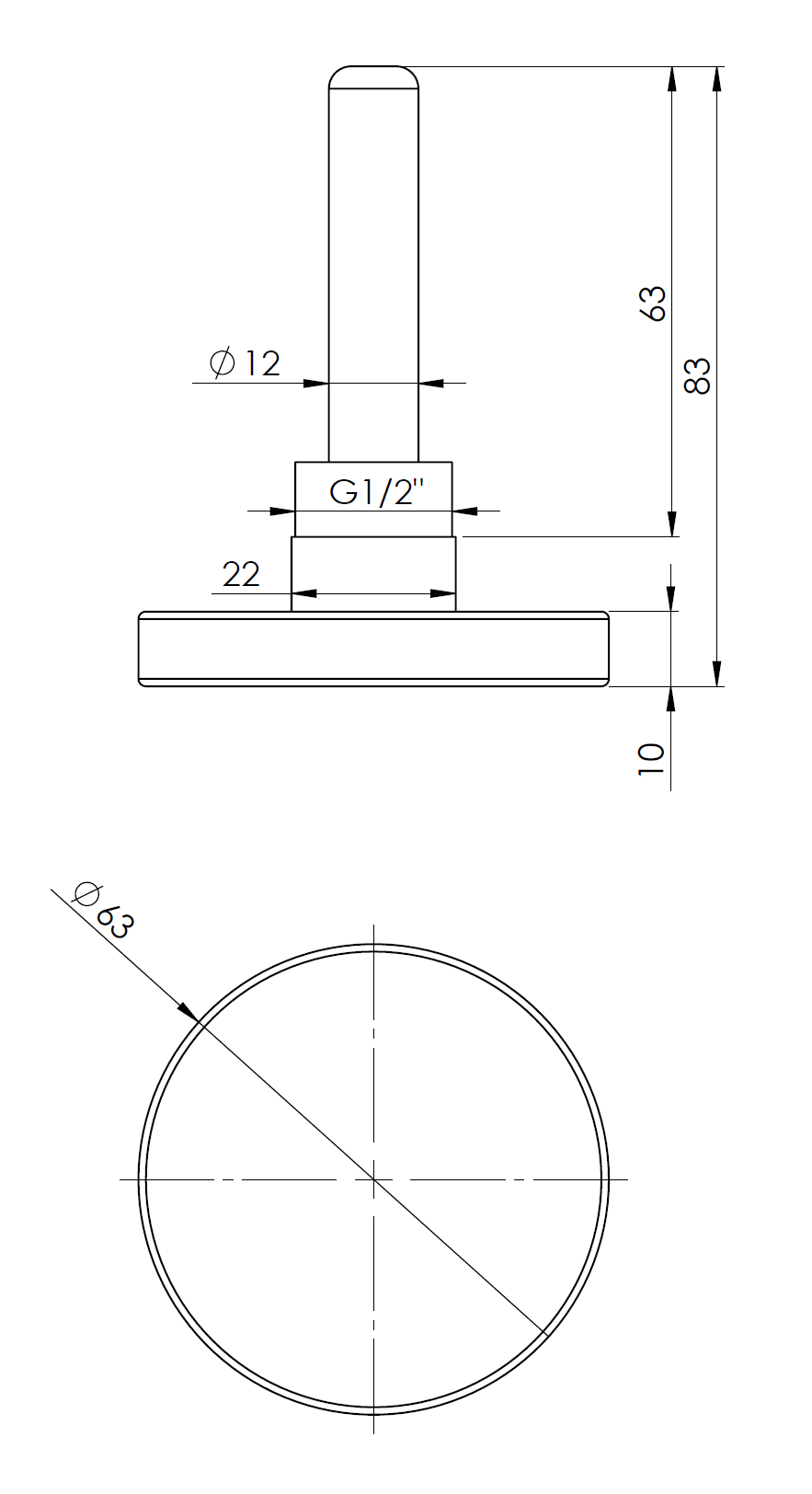 63802 Термометр биметаллический BiTh 63, fi63 мм, 0÷120°C, L 63 мм, НР1/2", ax, кл. 2 - Размеры AFRISO 1