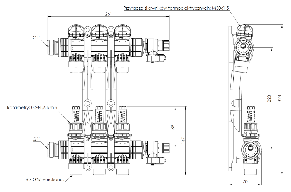 81263 ProCalida EF1 K 3 отопительных контура, НР1", 0,2÷1,6 л/мин - Размеры AFRISO 1