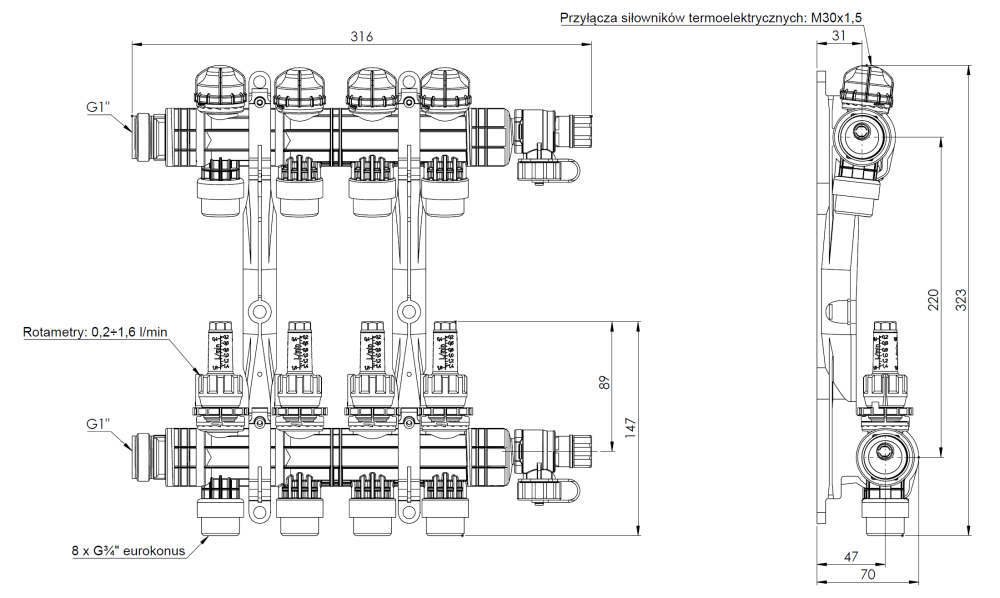 81264 ProCalida EF1 K 4 отопительных контура, НР1", 0,2÷1,6 л/мин - Размеры AFRISO 1