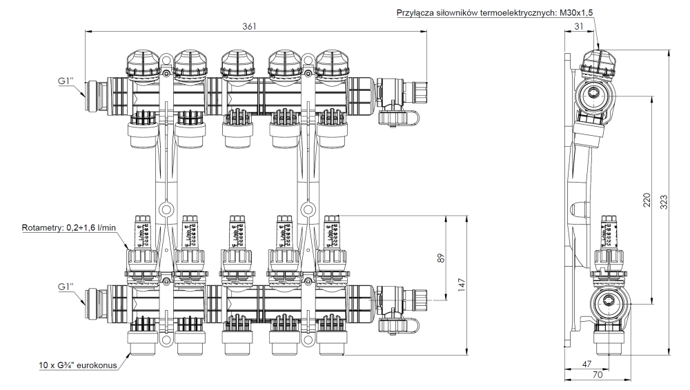 81265 ProCalida EF1 K 5 отопительных контуров, НР1", 0,2÷1,6 л/мин - Размеры AFRISO 1