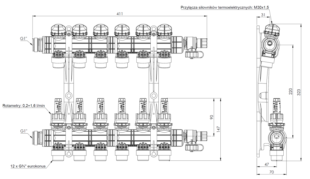 81266 ProCalida EF1 K 6 отопительных контуров, НР1", 0,2÷1,6 л/мин - Размеры AFRISO 1