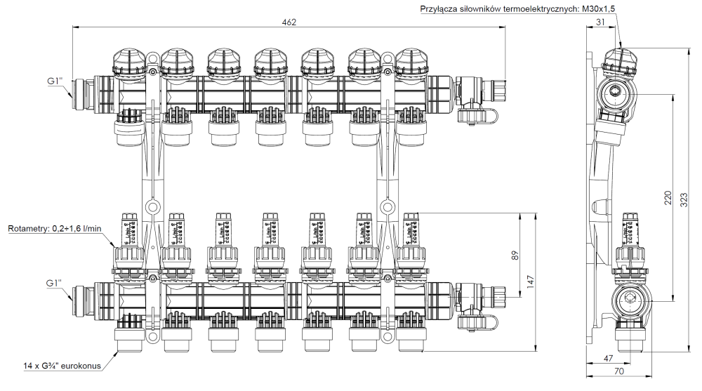 81267 ProCalida EF1 K 7 отопительных контуров, НР1", 0,2÷1,6 л/мин - Размеры AFRISO 1