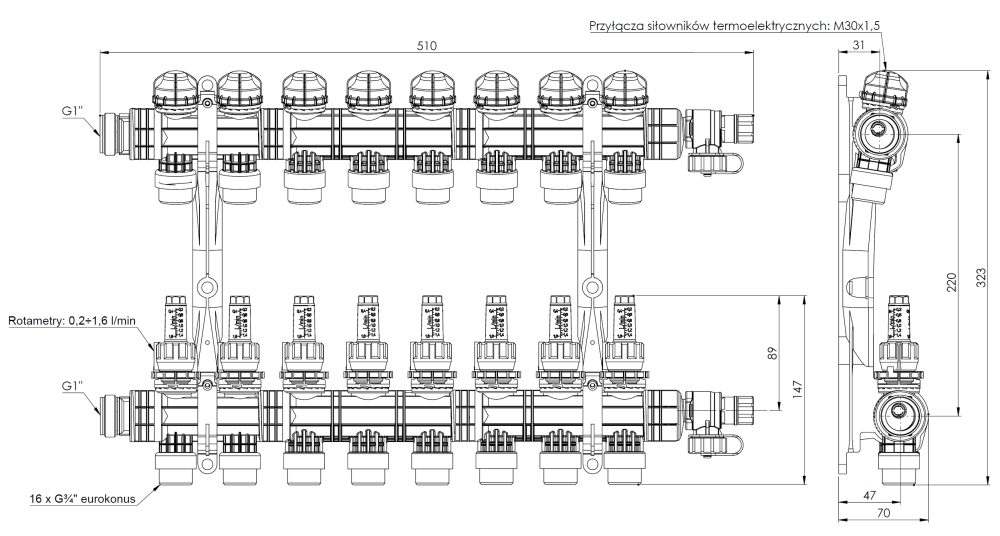 81268 ProCalida EF1 K 8 отопительных контуров, НР1", 0,2÷1,6 л/мин - Размеры AFRISO 1