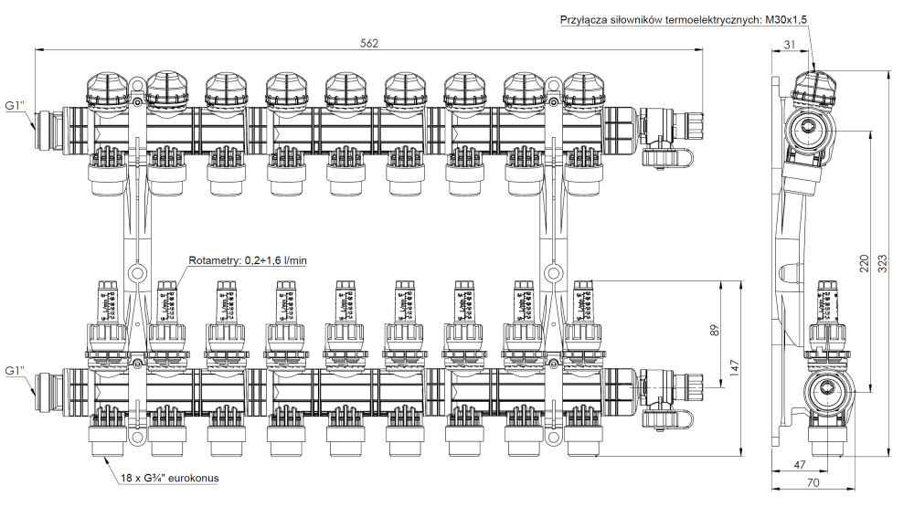 81269 ProCalida EF1 K 9 отопительных контуров, НР1", 0,2÷1,6 л/мин - Размеры AFRISO 1