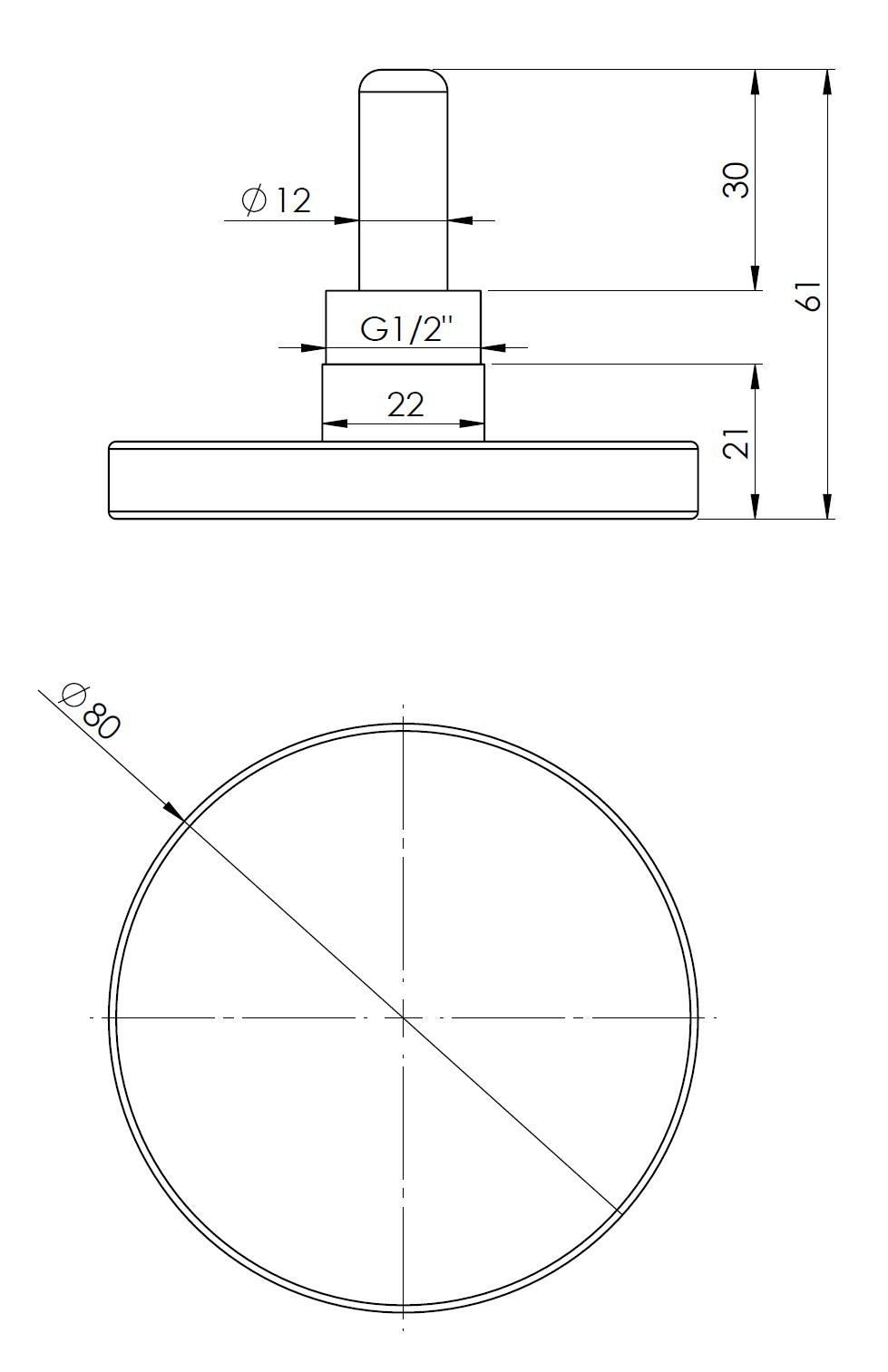 63806 Термометр биметаллический BiTh 80, fi80 мм, 0÷120°C, L 40 мм, НР1/2", ax, кл. 2 - Размеры AFRISO 1